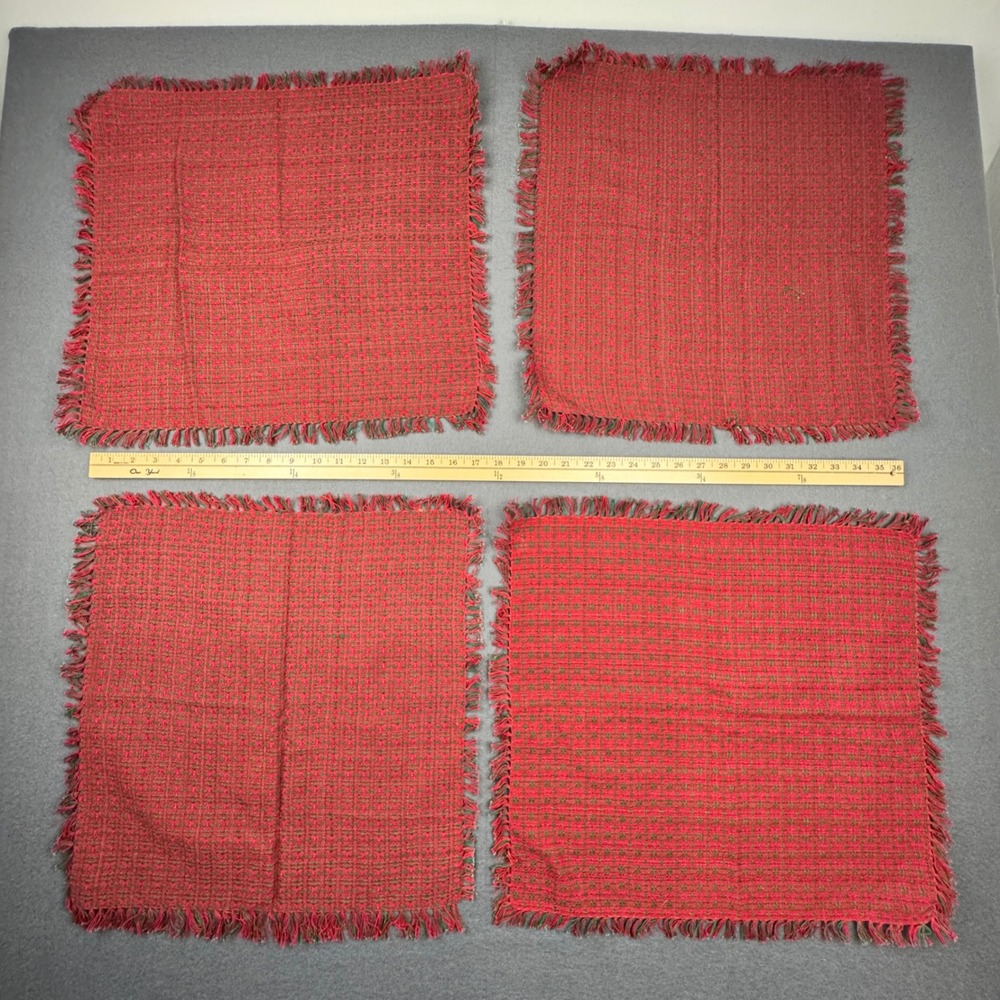 4 square red and green cotton hand woven in India placemats Christmas holiday